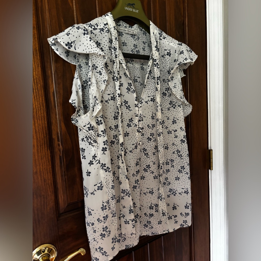 Abercrombie & Fitch Floral Ruffle Blouse - blue and White